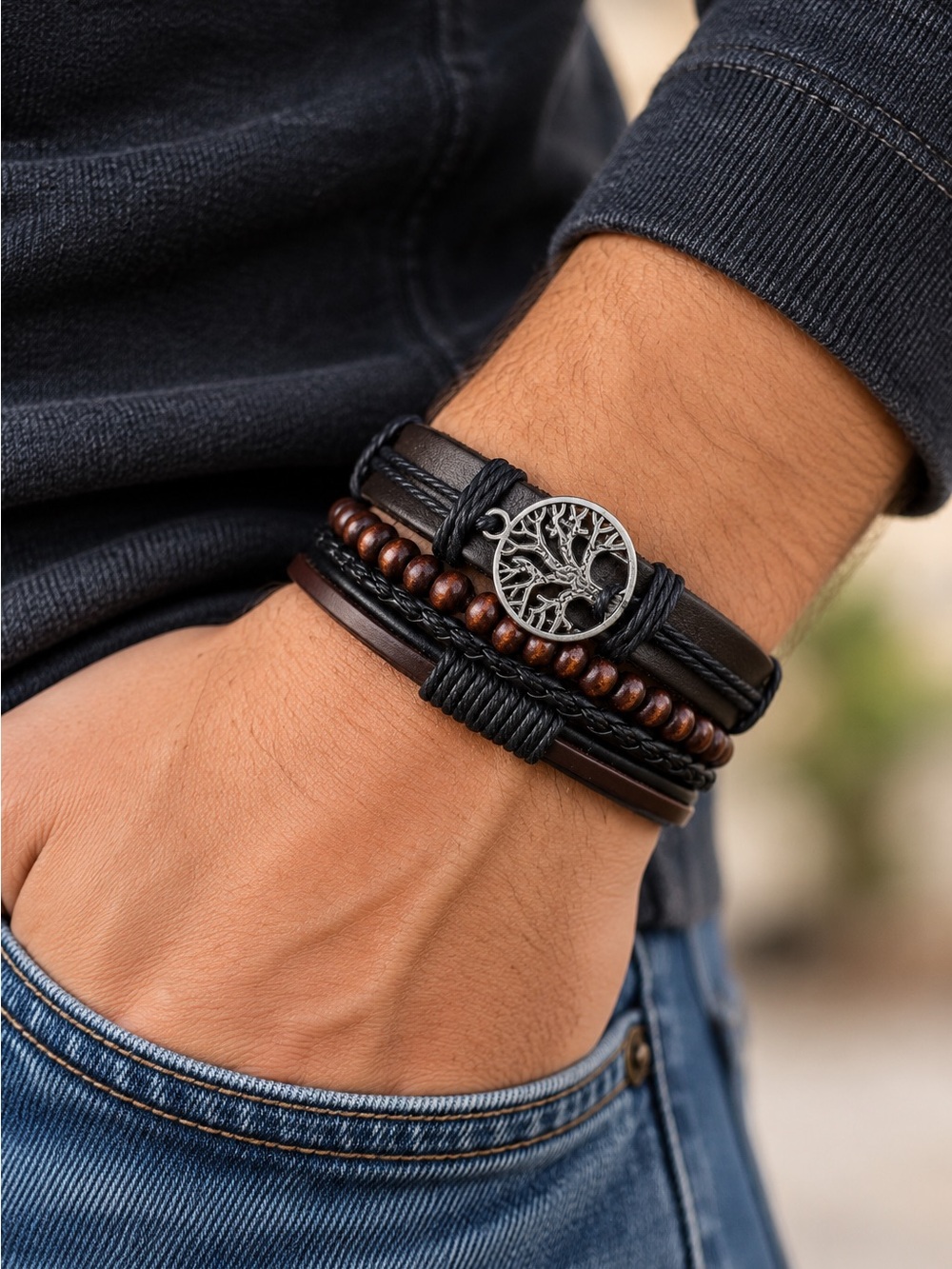 Boho Leather Bracelets 4 Piece Tree of Life Black and Brown OS NEW